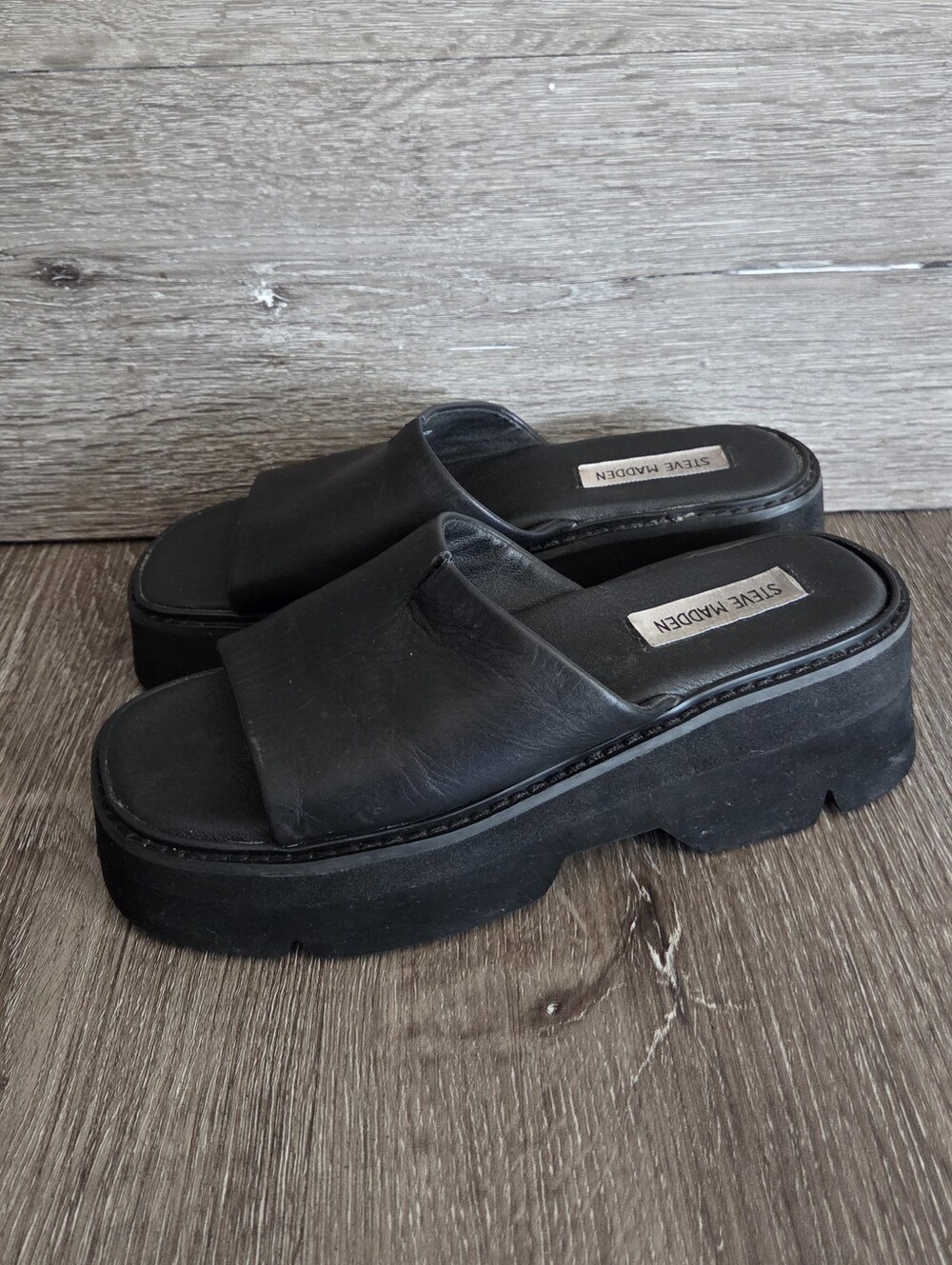 Steve Madden Lauretta Black Leather Platform Sandals – Y2K Retro Style - Size 6 - Picture 4 of 10